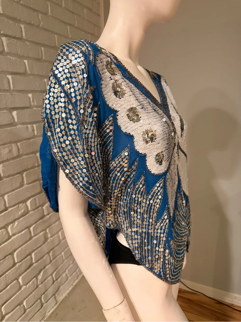 Vintage India Butterfly Sequin Beaded Silk Top Blue Silver Art Deco Oversized